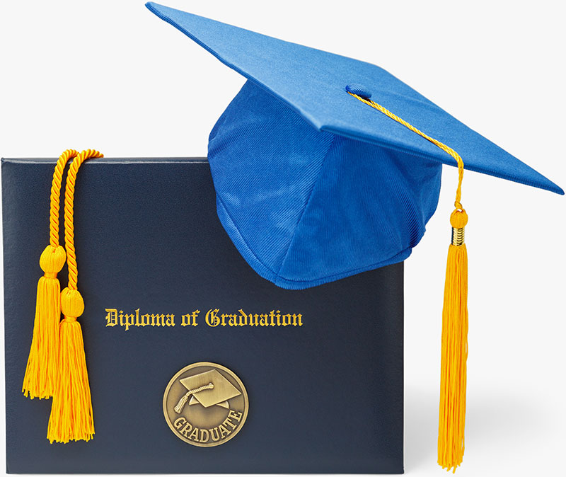 Diploma of Graduation with Blue Morter Board and Honor Cords Isolated on White Background.