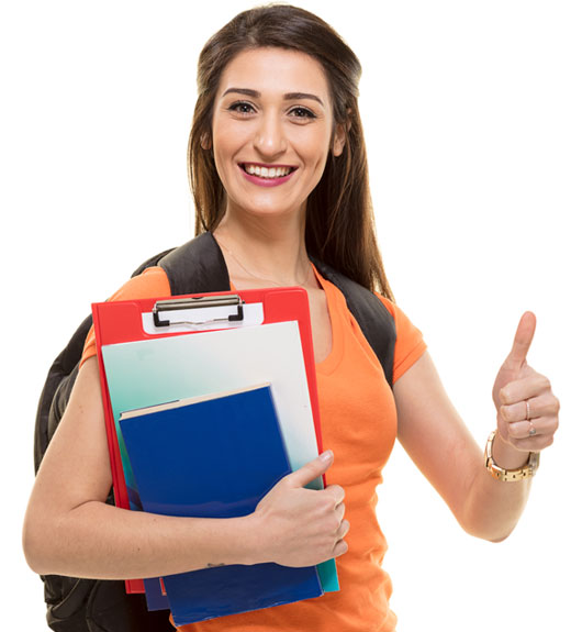 Smiling female student giving the thumbs up