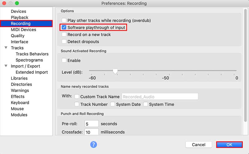 Audacity recording preferences screenshot
