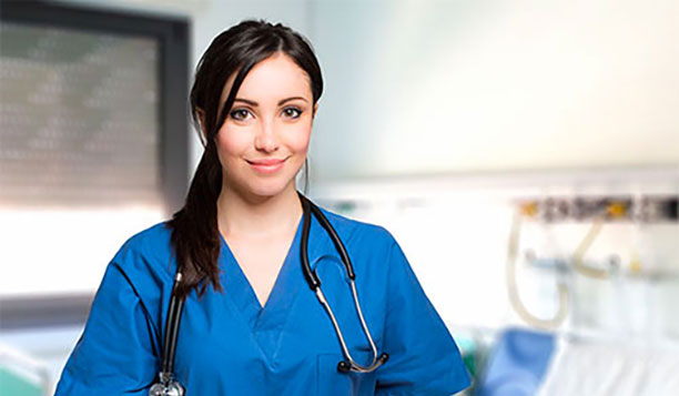 Nurse wearing blue scrubs