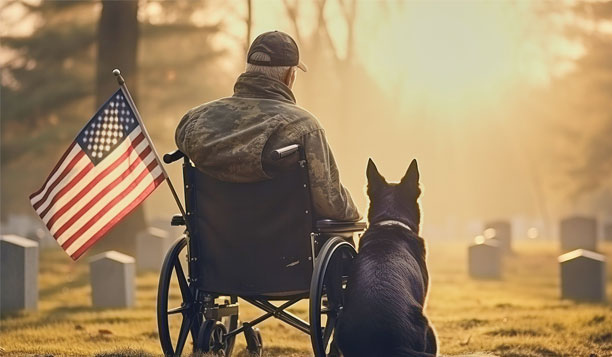 A senior mililtary veteran in a wheelchair with an American Flag, beside a German shepherd in a cemetary.