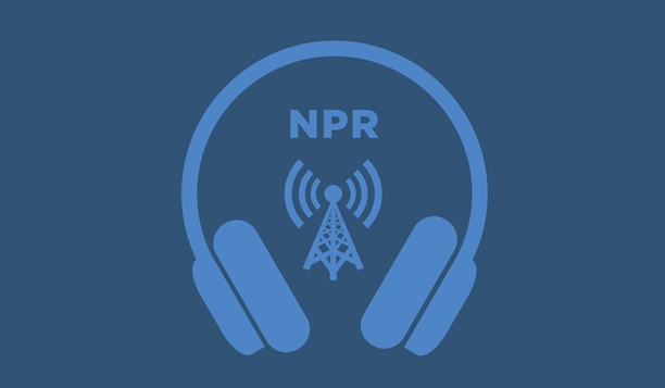 NPR's podcasting logo, showing headphones and a graphic of a radio tower in blue against a dark turquoise background