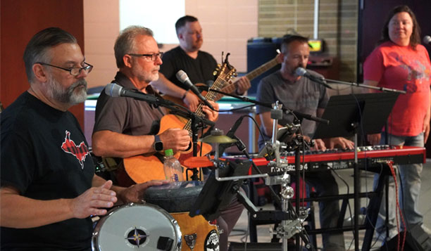 Wingin’ It performs during Lunchtime Live in 2024, which was moved indoors due to inclement weather.