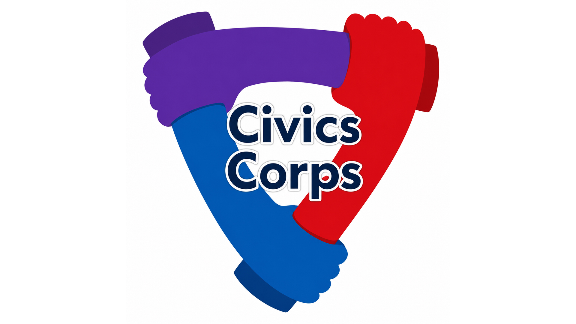 The Civics Corps logo, showing three arms grasping one another in a triangle, one red, one medium blue, and one royal blue.