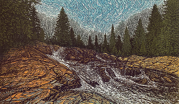 Muted landscape print in earthy colors shows a stream through the woods with rocky banks.