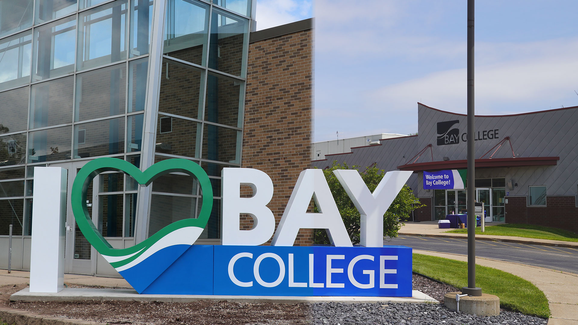A photo of the Escanaba Campus "I love Bay" sign (left) blending with the Iron Mountain Campus sign (right); two campuses, one mission: &nbsp;Student Success, Community Success, and Culture of Success.