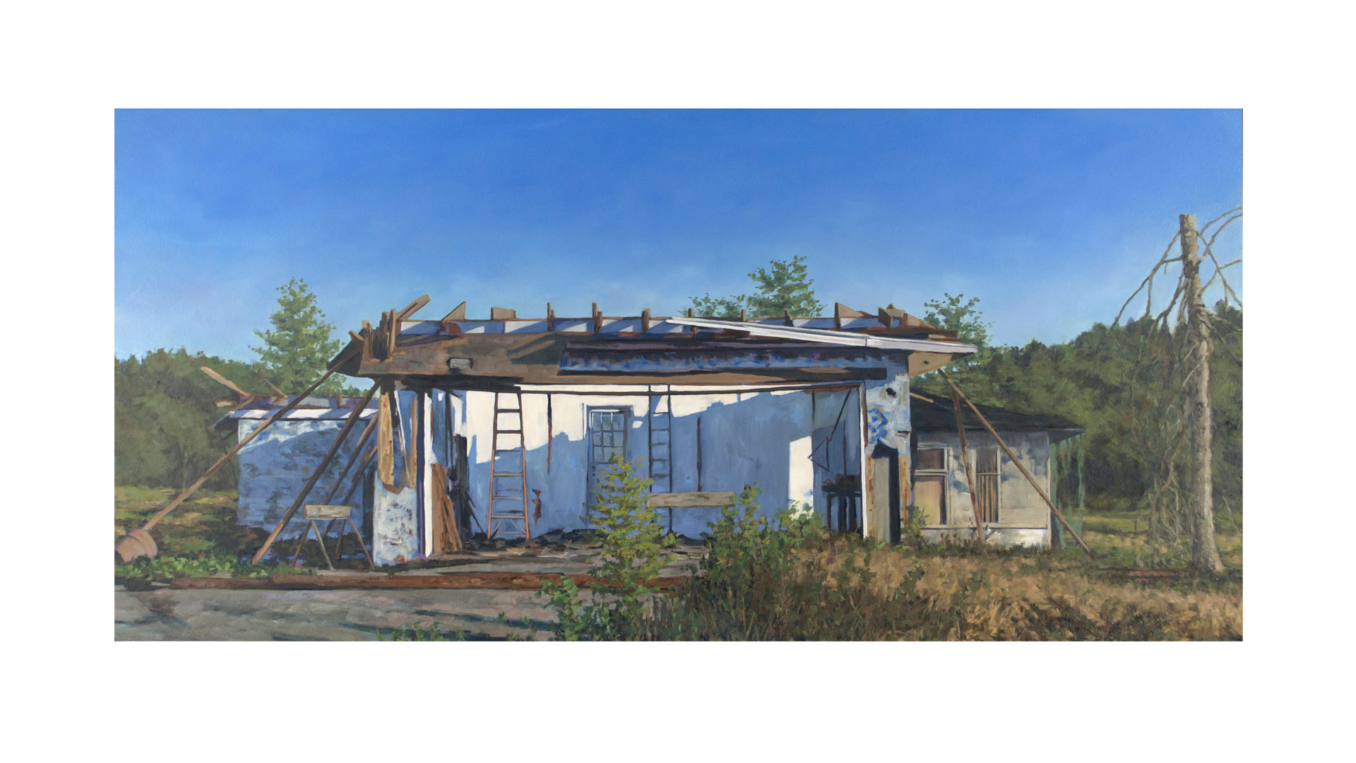 Oil paiting of a delapidated, small, white house half in shadow on a sparkling, cloudless day in the green countryside.