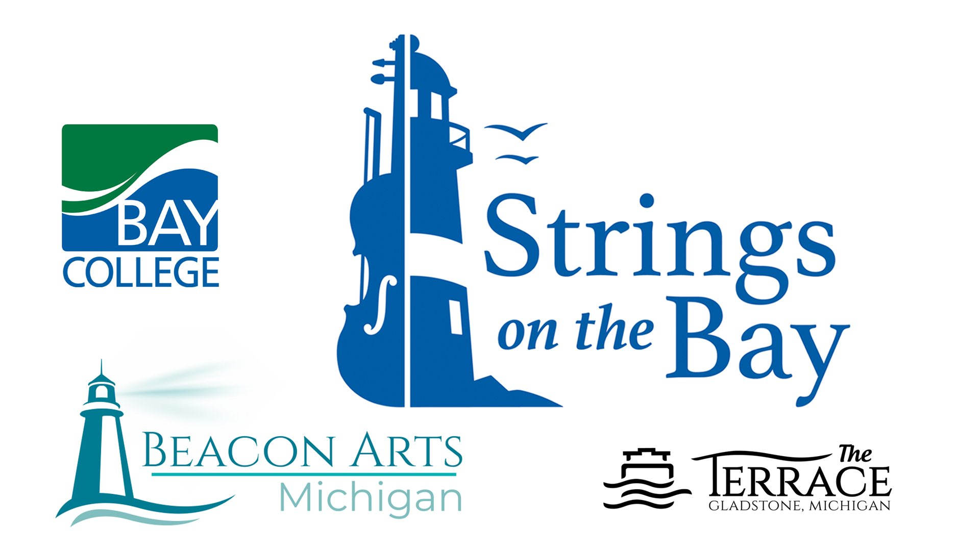 The Strings on the Bay logo surrounded by the logos of sponsors Beacon Arts Michigan, Bay College, and 2026 Hospitality Sponsor Terrace Bay Hotel