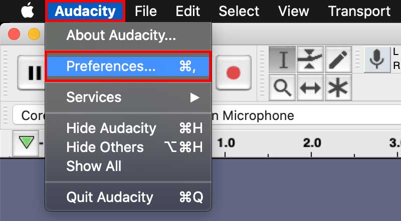 Audacity screenshot preferences