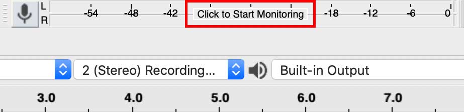 Audacity screenshot Click to Start Monitoring
