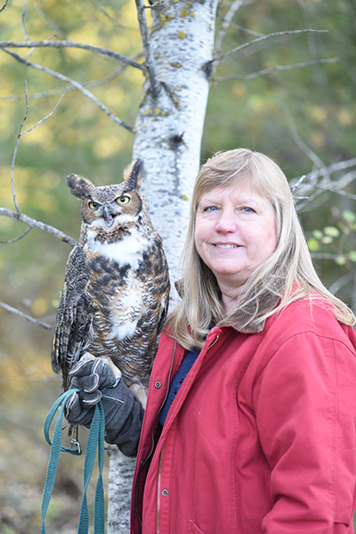 Phyllis Carlson is holding a Great Horned Owl and she is wearing a red jacket.