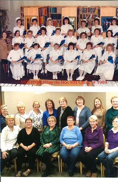The first graduating class of Bay College's nursing program then and now