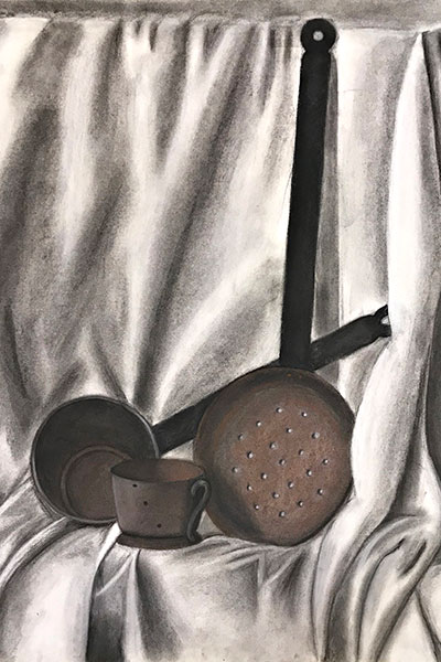 Charcoal drawing of pots and pans