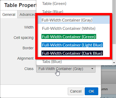 Full Width Container Classes